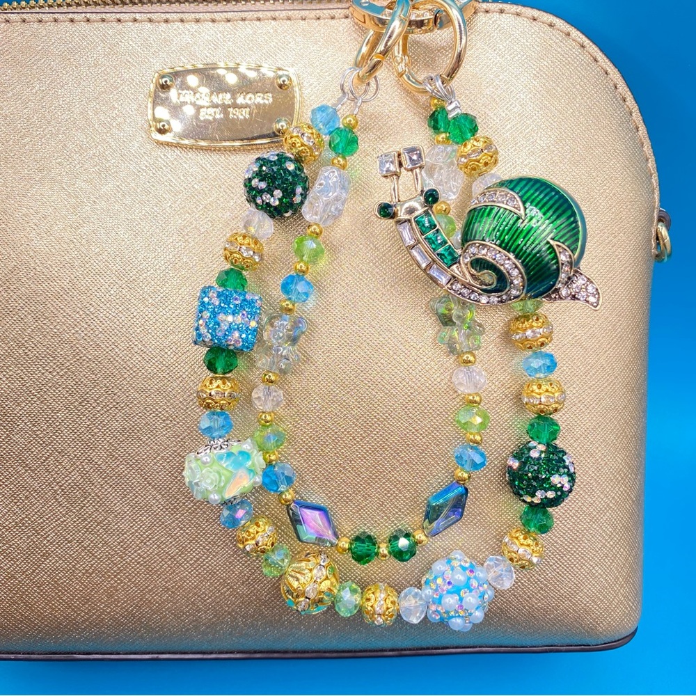 💚🐌 Luxury Bag/Phone Chain Charm/Keychain Green Rhinestone Snail Crystal Beads